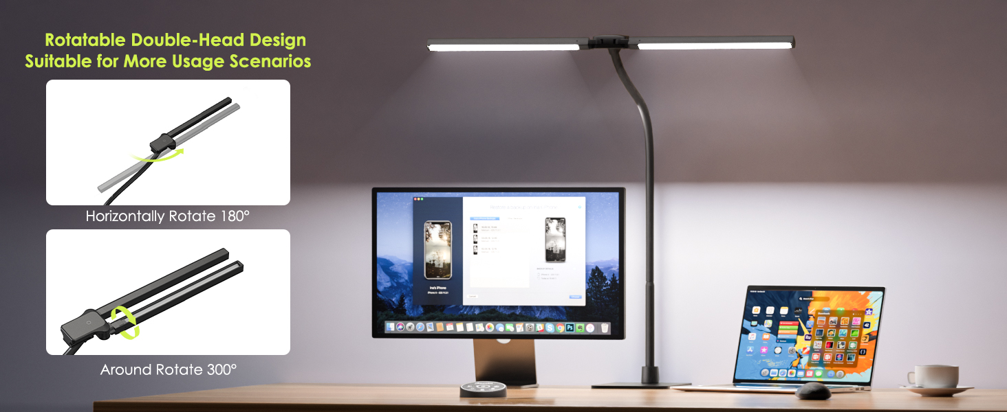 Настільна лампа для дітей з двома головками, захист для очей, 16W, 72см, денне світло, з пультом, регулювання яскравості, з шийкою 