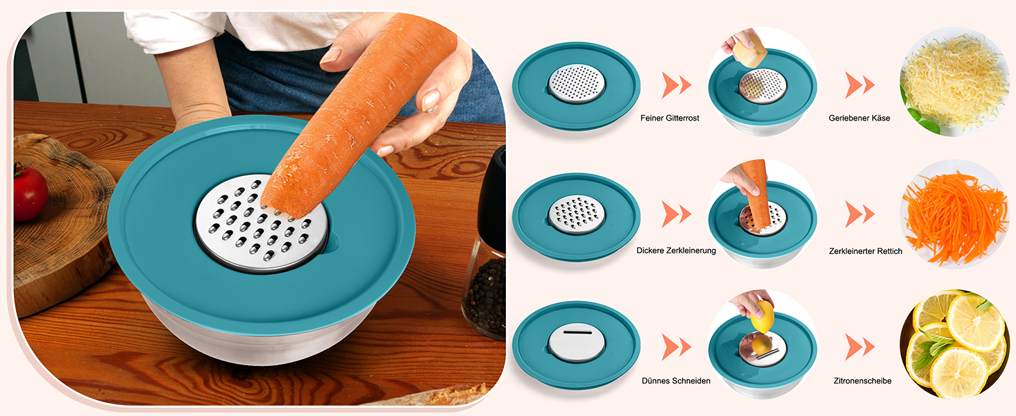 Набір мисок Homikit (5 шт.) з нержавіючої сталі з кришкою та силіконовим дном. Багатофункціональний, стековий, придатний для миття в посудомийній машині, 6.6L / 3.5L / 2.5L / 1.5L / 1L (Кольоровий, з 3 терками)