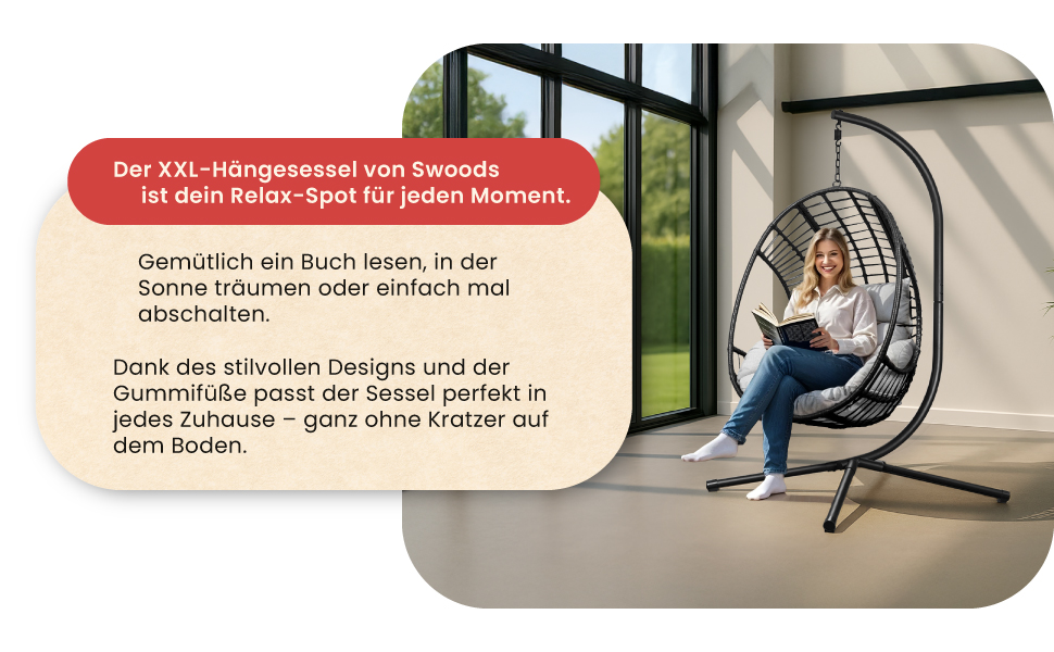 Крісло-гойдалка Swoods XXL з металевим каркасом – для дому та вулиці. Яйцеподібне крісло-гойдалка з подушкою, до 150 кг (темно-сірий, світло-сірий)