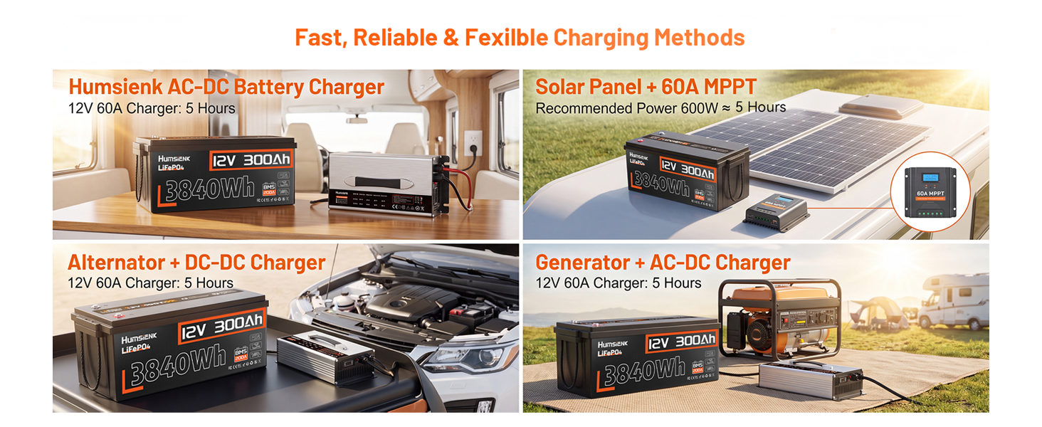 Акумулятор LiFePO4 Humsienk 24V 200Ah (5120Wh) для сонячних панелей та RV, BMS 250A, IP65, висока потужність 6400W