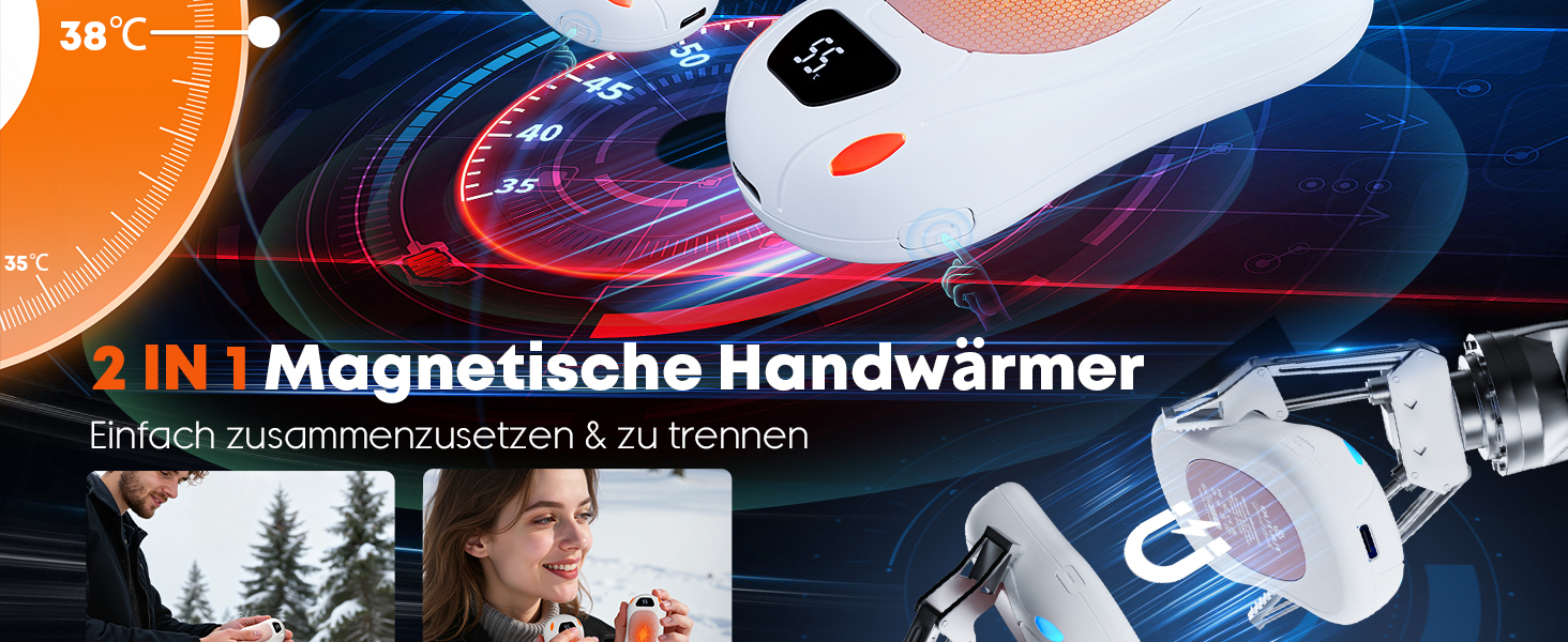 Електричний грієчка для рук 2 шт., 12000 мАг, з магнітною двосторонньою системою нагріву та цифровим індикатором температури та заряду батареї, для відпочинку на природі/кемпінгу (білий-рожевий)