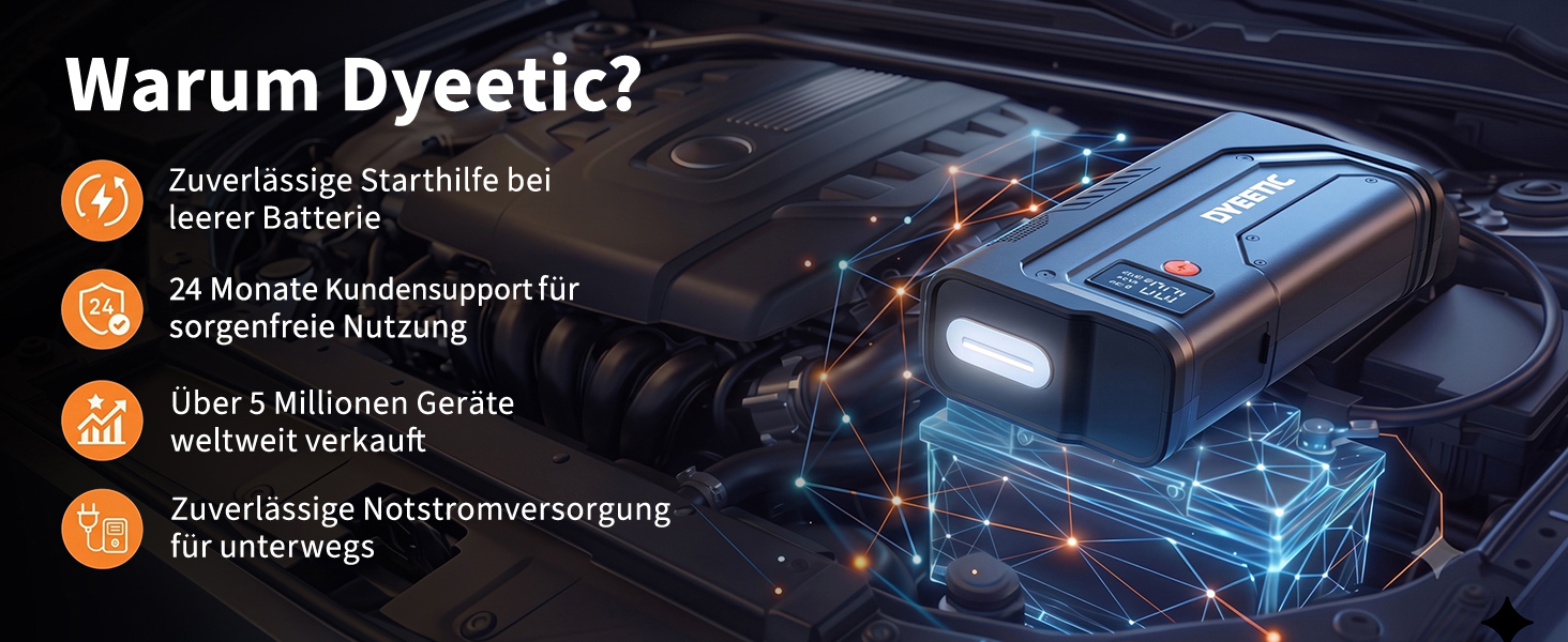 Бустер для автомобіля DYEETIC D16: пусковий зарядний пристрій Powerbank 6000A 12V для бензинових та дизельних двигунів (до 10.0Л), портативний Jump Starter з LED-ліхтарем та екраном