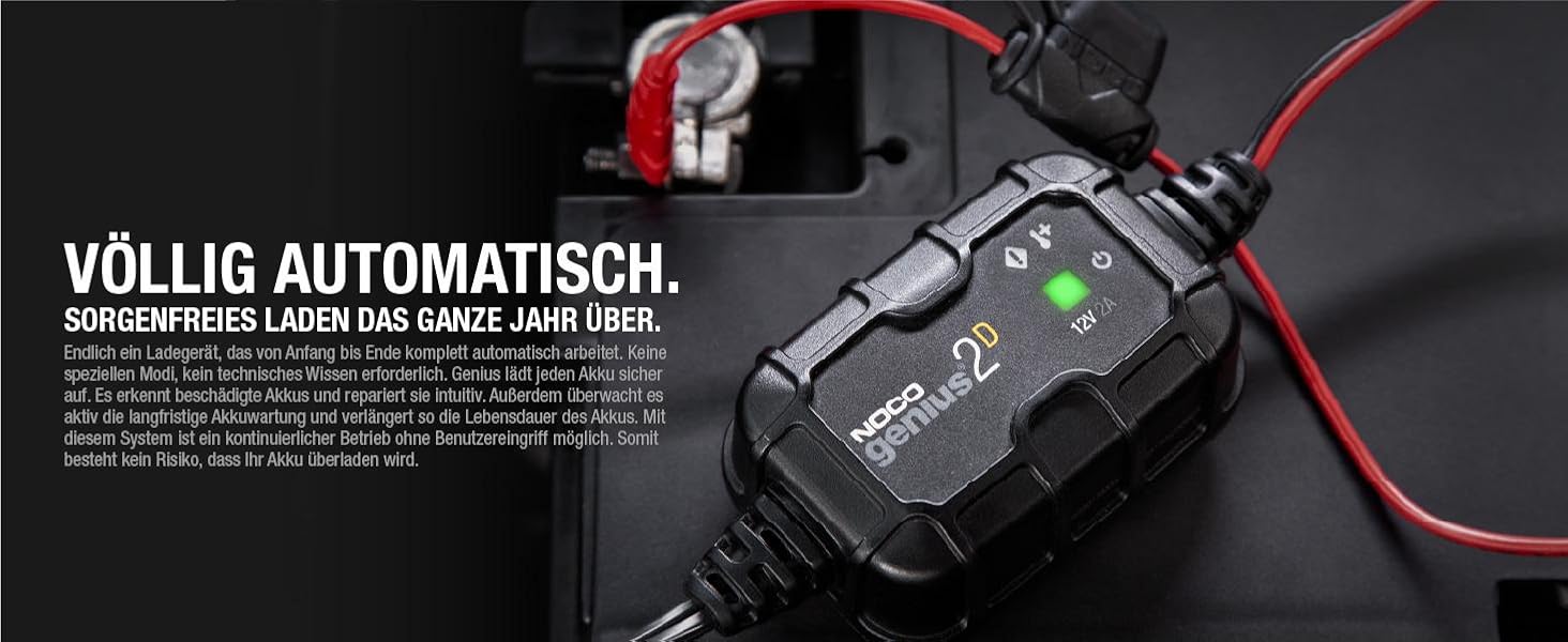 NOCO GENIUS2D: Інтелектуальний зарядний пристрій для акумуляторів 12V 2A – Підтримує, заряджає та десульфатує акумулятори, з захистом від перевантаження та температурною компенсацією. Підходить для свинцево-кислотних акумуляторів