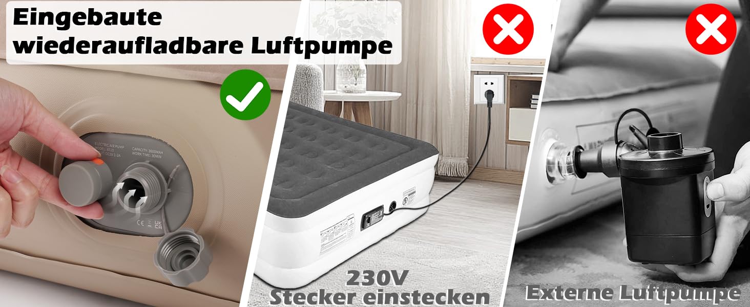 Надувний матрац 2 персони з електричною помпою, 190x125x20 см - для дому та кемпінгу