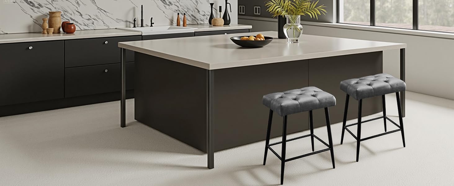 Набір з 2 барних стільців з мікрофібри, сірого кольору, з підніжкою, 62.5 см, без спинки для кухні, бістро, їдальні