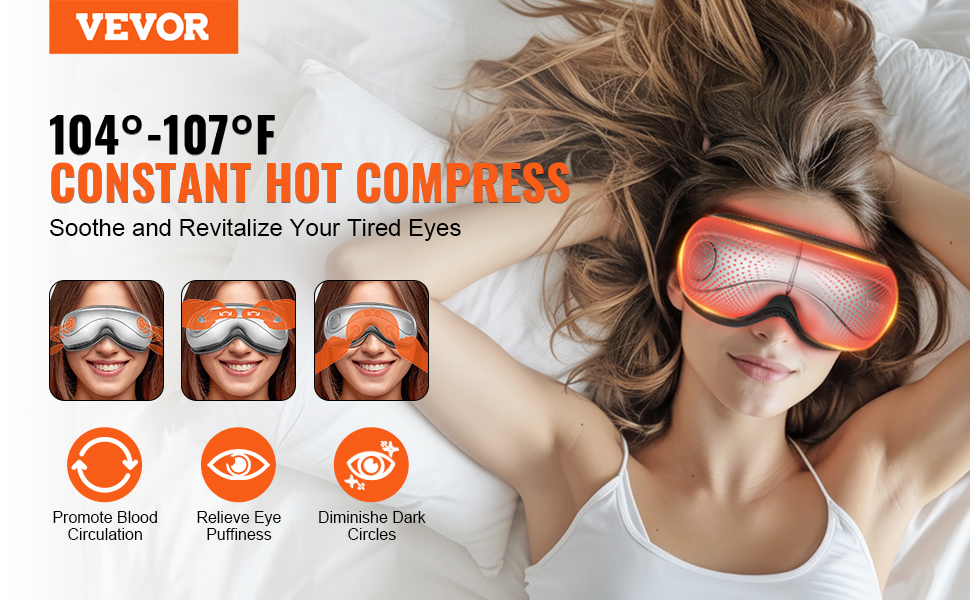 Масажер для очей VEVOR з гарячою компресою, 5 режимів, Bluetooth-музика, 180° складна маска для догляду за очима, сірий