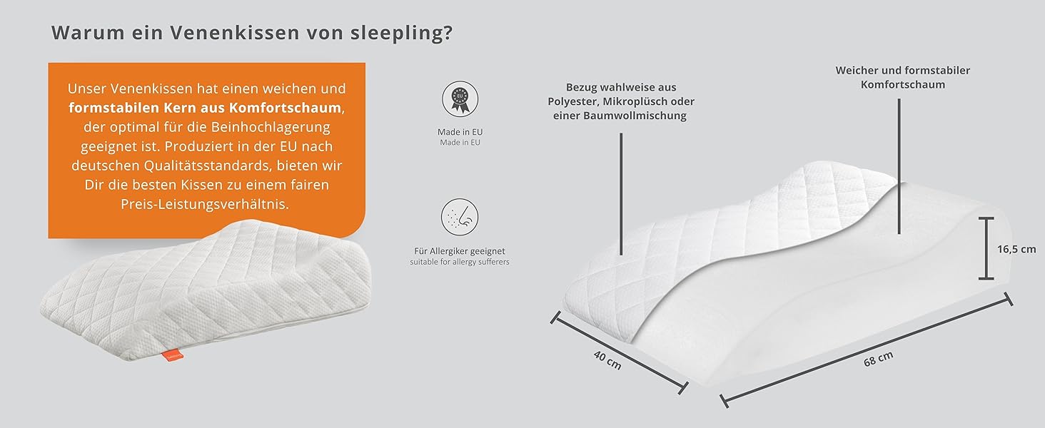 Подушка для ніг Sleepling Venenkissen: для підтримки ніг та комфортного сну, 40 x 68 x 16.5 см, 100% бавовна, Ökotex 100, Made in EU