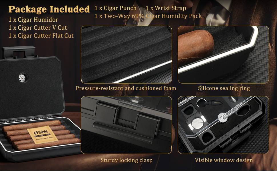 KEJIAR Видавець сигар: портативний кейс-упаковщик з різаком для сигар (V-Cut, Straight Cut, Punched), контролер вологості, чорний