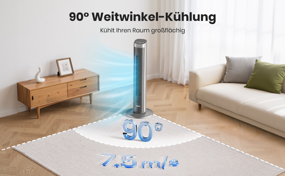 Турбовентилятор Leiser з осциляцією 90°, пульт дистанційного керування та Wi-Fi, 4 швидкості та 4 режими, таймер 12 годин, сірий, 91 см