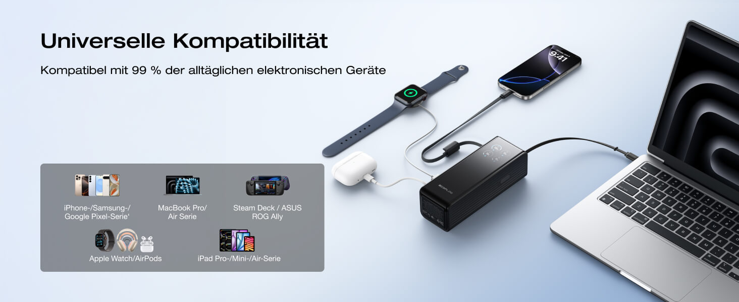 EcoFlow Rapid Powerbank 25000 mAh 170W з вбудованим кабелем, чорний - портативний зарядний пристрій для iPhone, Samsung, MacBook та інших пристроїв