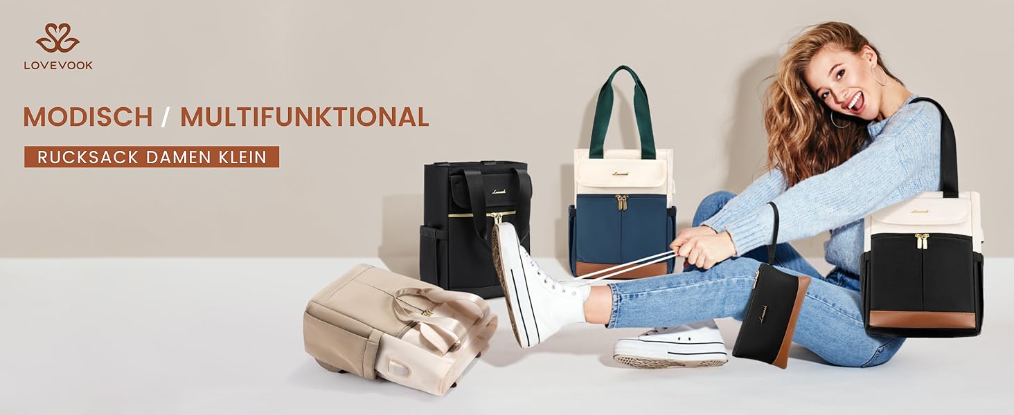 LOVEVOOK Рюкзак для жінок, 13.3 дюйми: компактний міський рюкзак, сумочка, елегантна сумка через плече, водонепроникний, для ноутбука, бежевий, чорний, коричневий