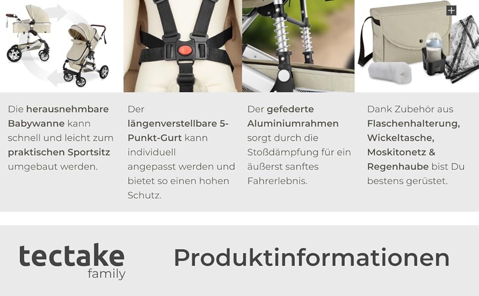 Дитяча коляска Tectake 2 в 1: розкладний візок-ліжко з підніжкою, тримачем для напоїв, люлькою та дощовиком (сірий/бежевий)