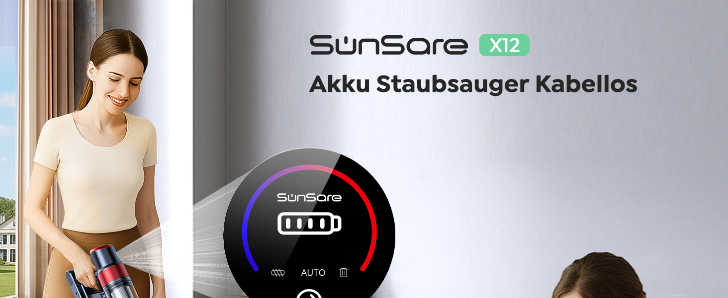 Бездротовий акумуляторний пилосос SunSare 600W з потужністю всмоктування 50000Pa, 65 хвилин роботи, док-станція, автоматичний режим, сенсорний екран, висувний шланг 1м для твердих поверхонь, килимів та шерсті тварин