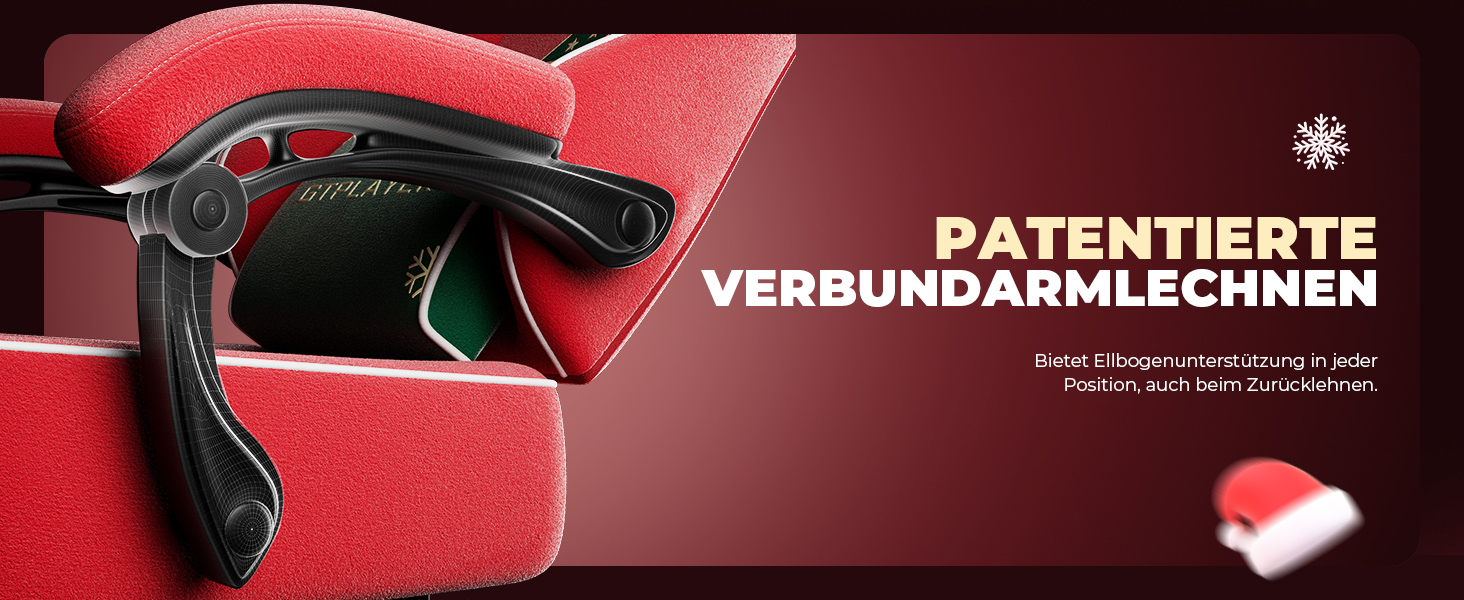 Ігровий крісло GTPLAYER з різдвяним мотивом, з підніжкою, широке сидіння, з подушкою для спини та синхронізованими підлокітниками для великих людей, велюр, червоний, на Різдво