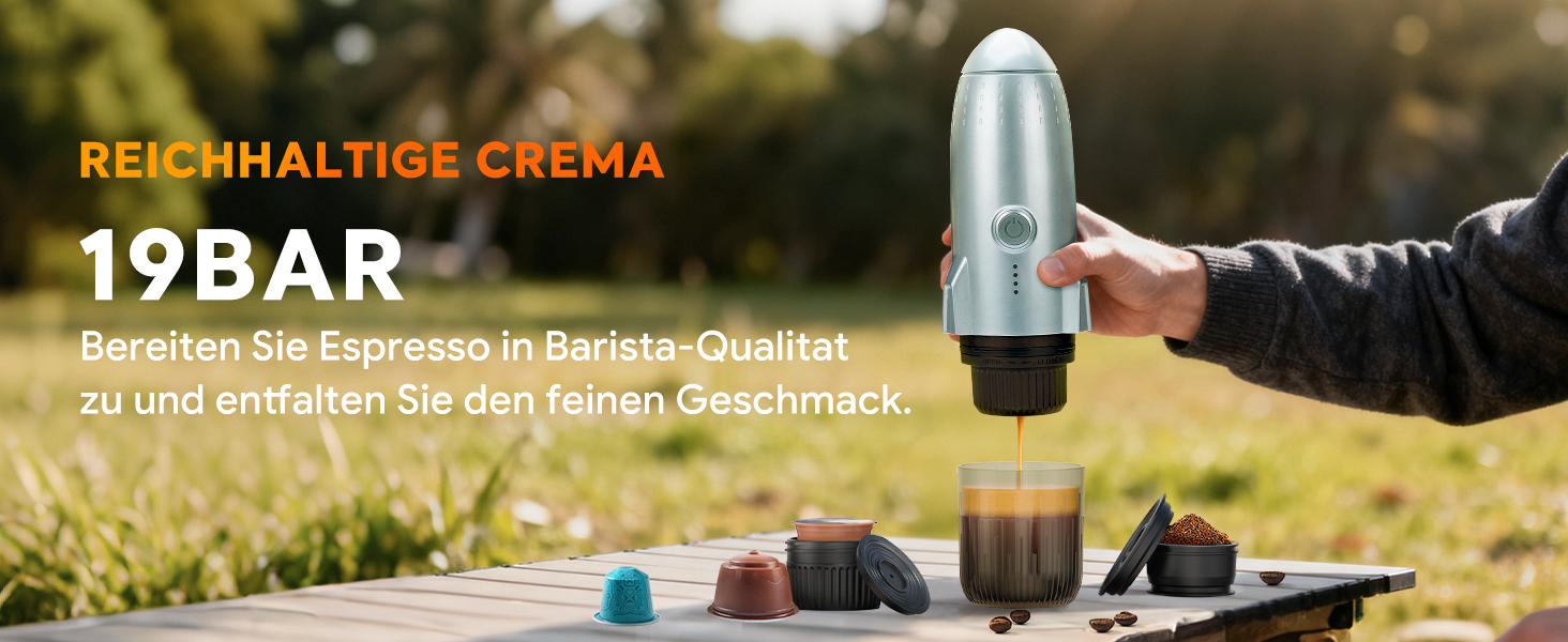 Кавомашина портативна 3-в-1 електрична для еспресо, сумісна з Nespresso, кавою меленою та Dolce Gusto, з USB-C та автоадаптером, 19 бар, сіро-блакитна
