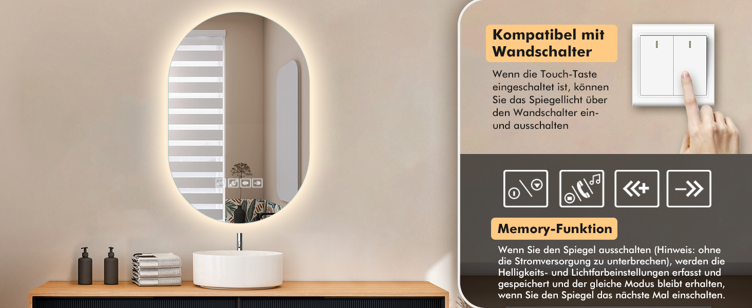 Дзеркало для ванної кімнати 600 мм з підсвічуванням, регульоване, з сенсорною кнопкою, функцією запобігання запотіванню та таймером | IP44, вологостійке, для ванної кімнати, готелю, кругле (Музика 500 мм 750 мм)