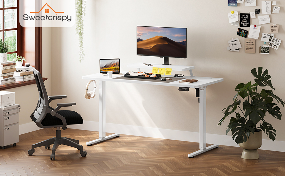 Регульований стіл Sweetcrispy з підставкою для монітора, електричний, ергономічний, стоячи/сидячи, комп'ютерний, vintage, білий, 160 x 60 см
