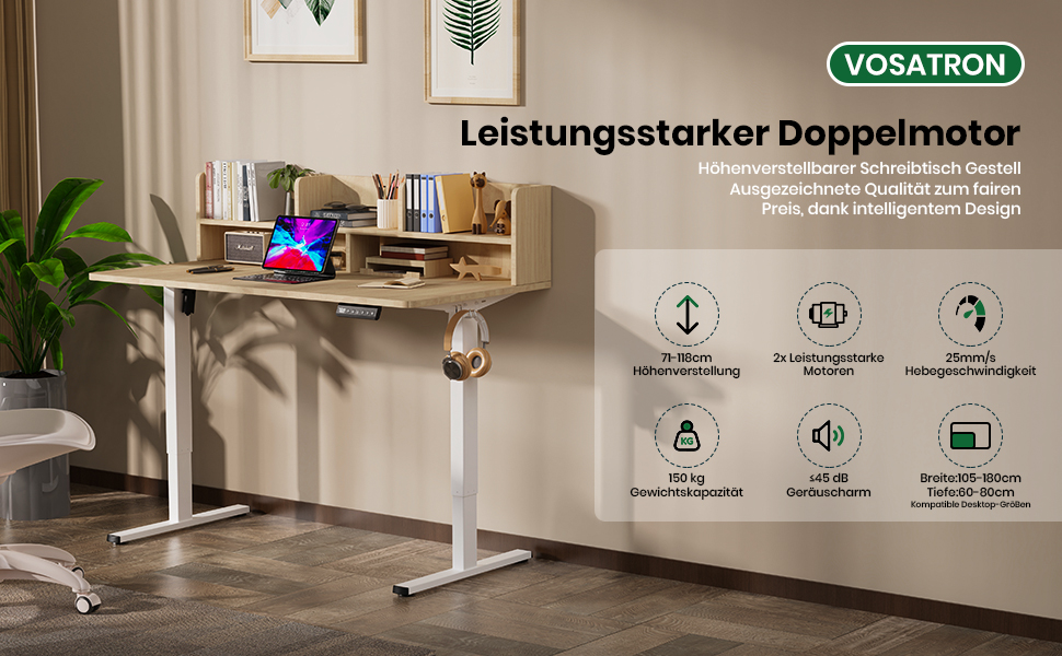 Електричний стіл з регулюванням висоти, білий. Стільниця з USB-C, пам'ять, 2 гачки. Міцний, з двома моторами