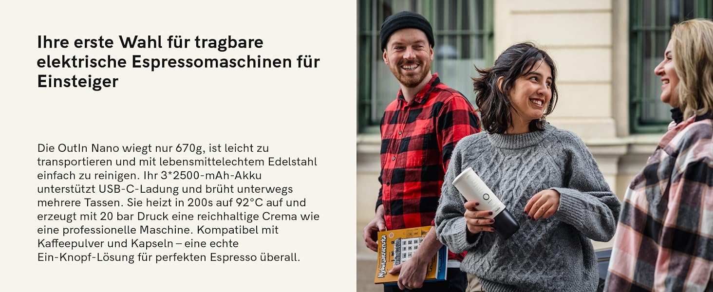 Портативна кавомашина OutIn Nano: для кави з мелених зерен та NS-капсул, USB-C, сірий Space Grey