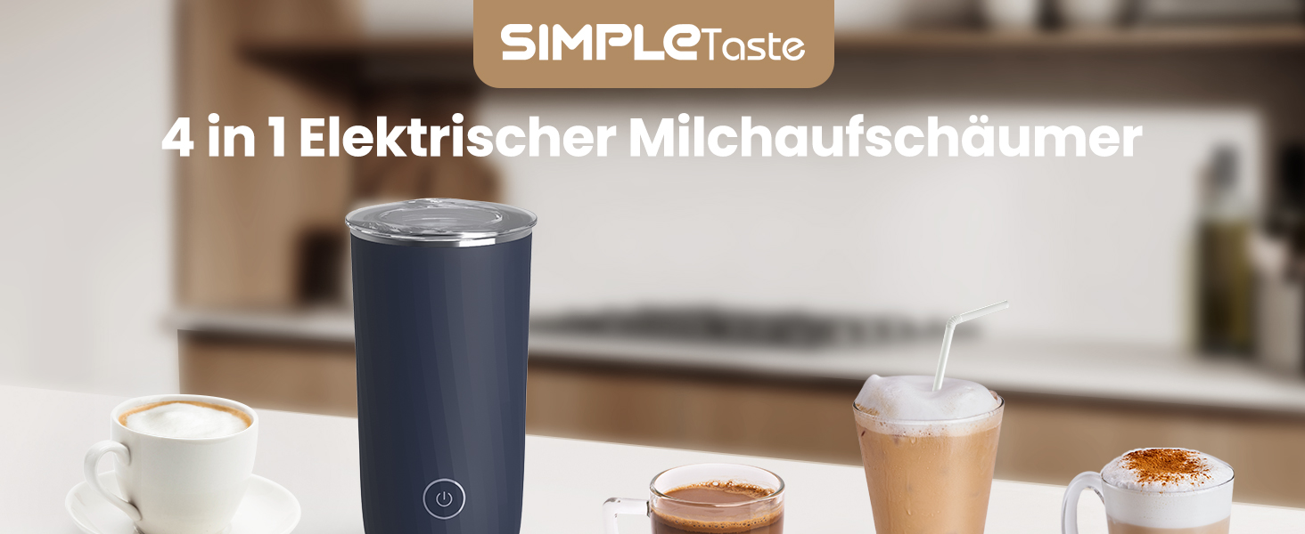Електричний спінювач молока SIMPLETASTE 4-в-1: гарячий та холодний спінений молочний напій, підігрів молока, приготування какао, антипригарне покриття, автоматичне вимкнення, тиха робота, без BPA, для капучино та лате, темно-синій, з додатковою насадкою