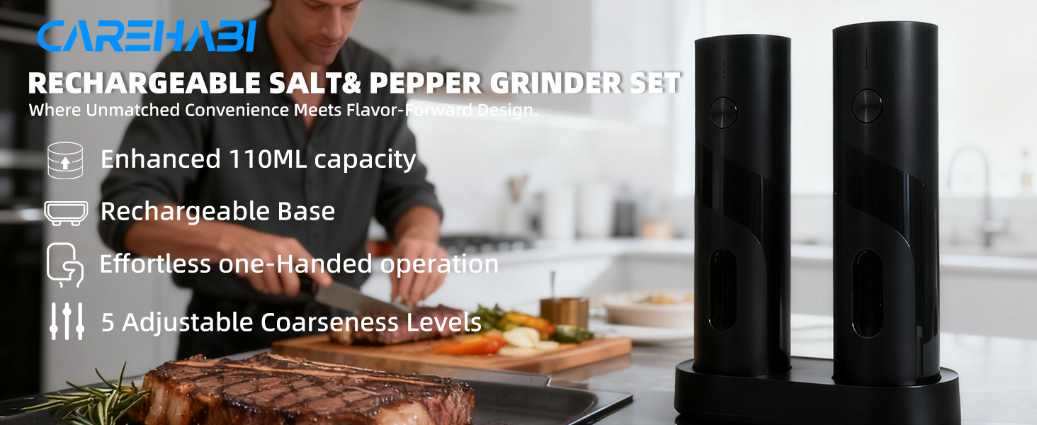 Електричний набір для солі та перцю з зарядною станцією, об'єм 110 мл, перезаряджувана млинка для солі з 5 рівнями, керамічна млинка з щіткою, 2 шт., чорний