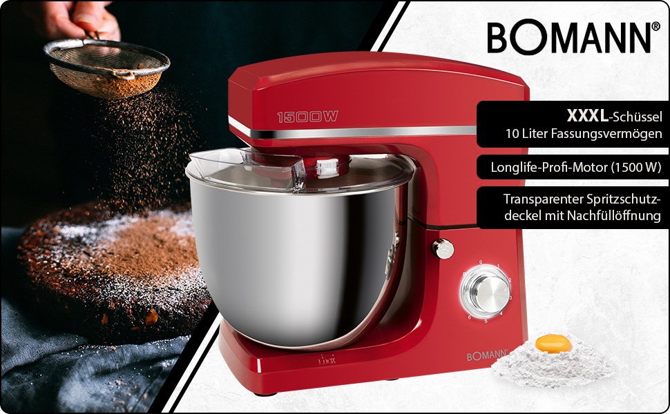 Кухонна машина Bomann KM 6036 CB червона: 1500 Вт, 10 л чаша, 8 швидкостей, для приготування тіста до 6 кг
