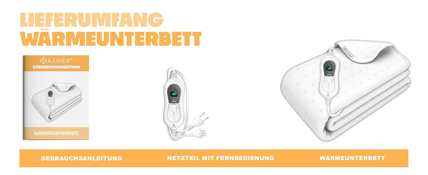 Електрична ковдра KESSER® з двома зонами нагріву та автовимкнення | 3 температурні режими | М'яка флісова підстилка для ліжка | Біла ковдра без візерунку