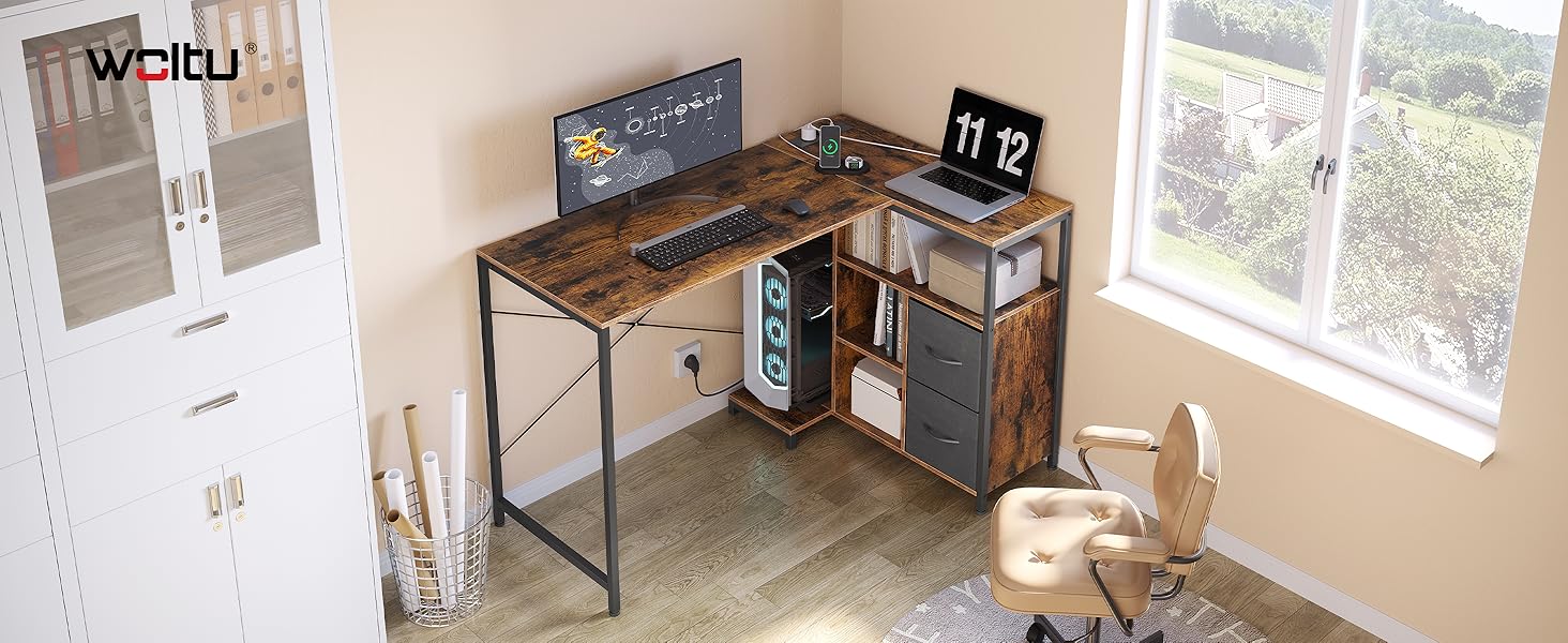 Кутовий стіл WOLTU білий з USB-роз'ємами (A/C) - 120x80x75 см. Комп'ютерний стіл з полицею та розеткою, металевий каркас (вінтажний коричневий)