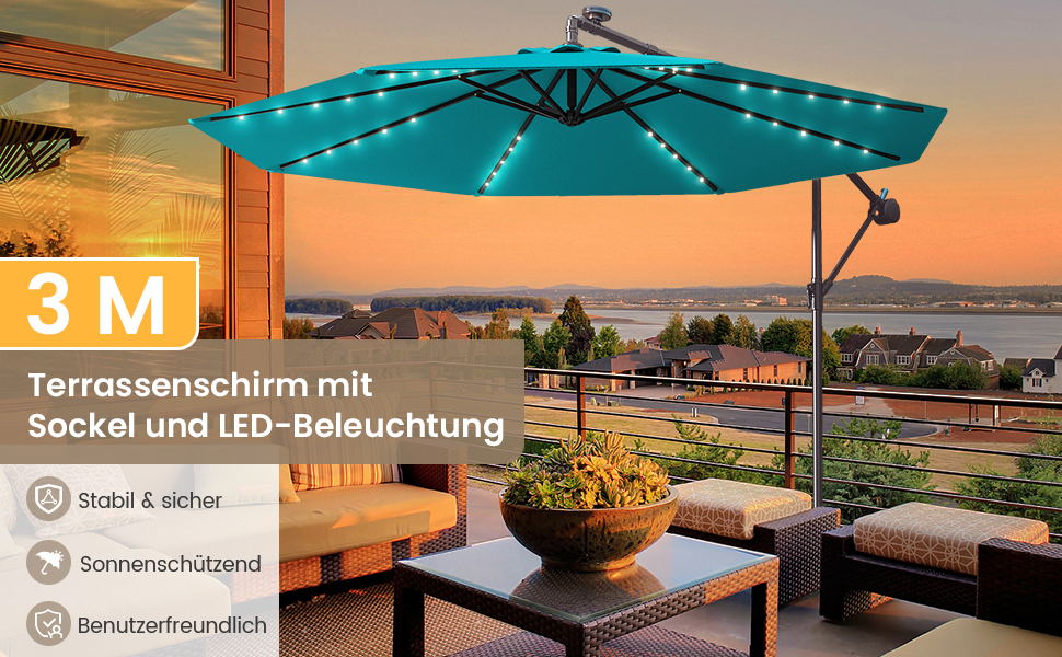 Парасолька від сонця COSTWAY 300 см з підставкою та LED-підсвіткою, бежева — садова парасолька-ампел з ручкою-коробкою та UV-захистом для тераси, басейну та двору