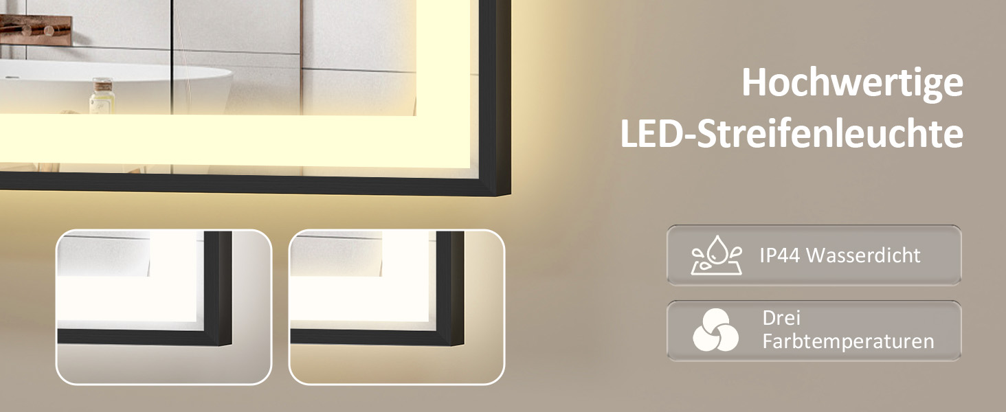 Дзеркало для ванної кімнати YOURLITE з підсвіткою, 85x55 см, LED, сенсорне керування, 3 кольори світла, регулювання яскравості, протизапобігання запотіванню, вертикальна/горизонтальна орієнтація, IP44, білий (чорний-5070)