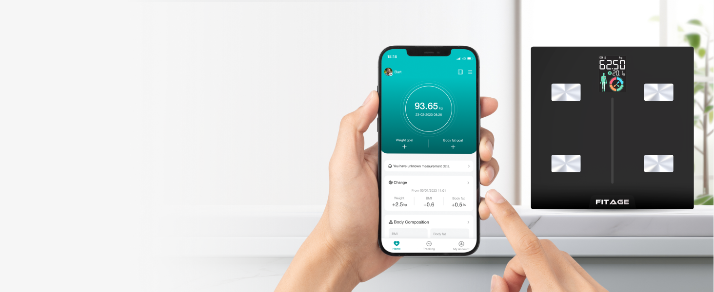 Цифрові ваги для ванної кімнати Fitage, переможець тесту 2024 року, шкала жиру в організмі, 17 виміряних значень, додаток, до 180 кг