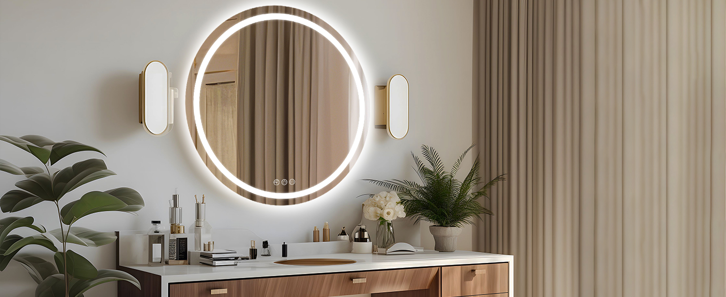 Дзеркало для ванної кімнати з підсвічуванням, 60 см, кругле, з антизапарюючим покриттям, диммер, 3 кольори світла, 60x60 см
