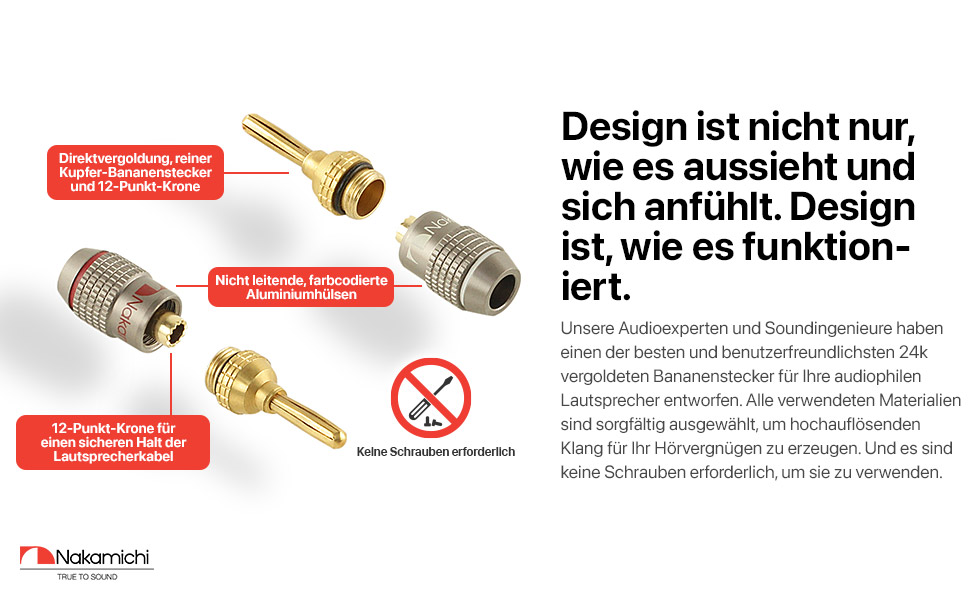 Банан-штекери Nakamichi FanLock 24K з позолоченим покриттям, 10-18 AWG, 4 мм, 24 шт. и (12 пар) для Hi-Fi аудіо