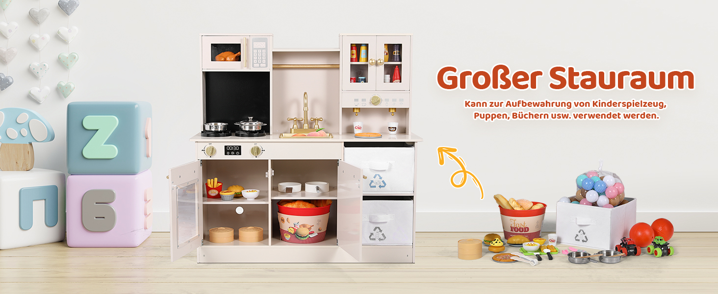 Дерев'яна дитяча кухня MAMIZO з підсвіткою та звуком, 90x30x90 см. Комплект з аксесуарами та 2 ящиками для зберігання. Іграшка для дітей від 3 років, бежевого кольору