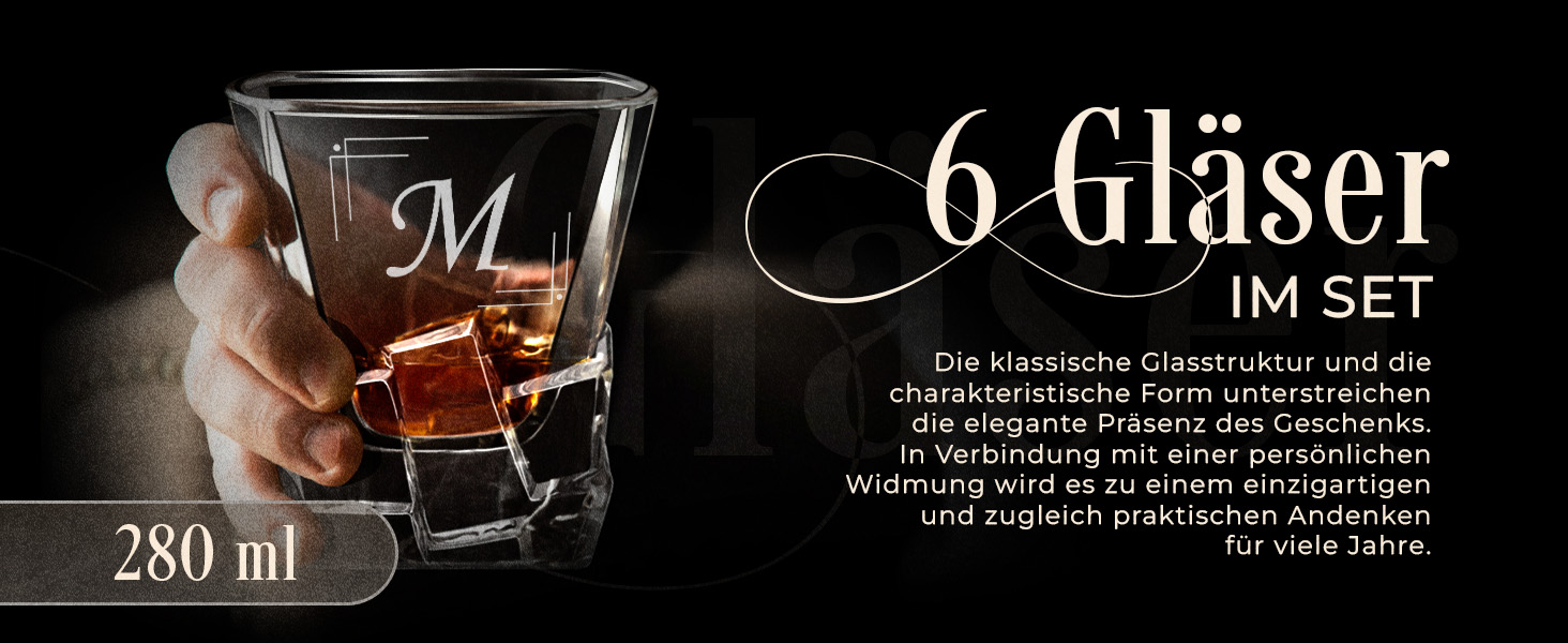 Мавертон Карафа для віскі 950 мл + Набір з 6 склянок для віскі з гравіюванням - Декантер для віскі - Подарунок на Різдво - Люксовий дизайн - Крісталльне скло - для чоловіків на день народження - Корона