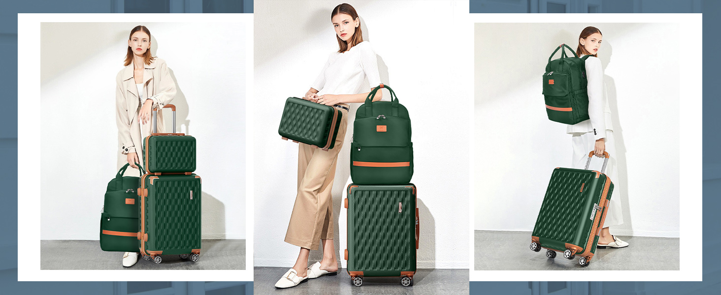 Набір дорожніх валіз Melalenia 7 предметів, легка жорстка оболонка, 4 колеса, TSA-замок, включаючи косметичку, сумку та рюкзак (Зелений)