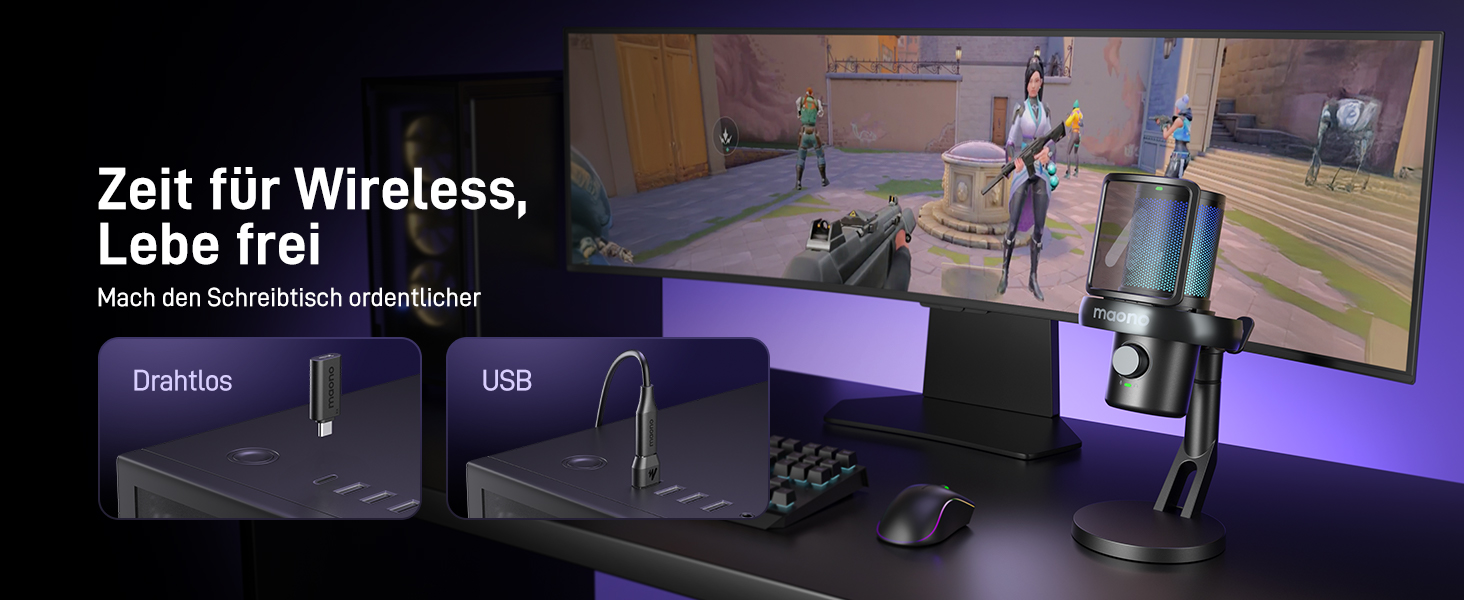 Мікрофон MAONO DM40 Pro бездротовий для ПК з RGB підсвіткою та ШІ-зміною голосу, шумозаглушення, для геймінгу, подкастингу та стрімінгу (чорний)