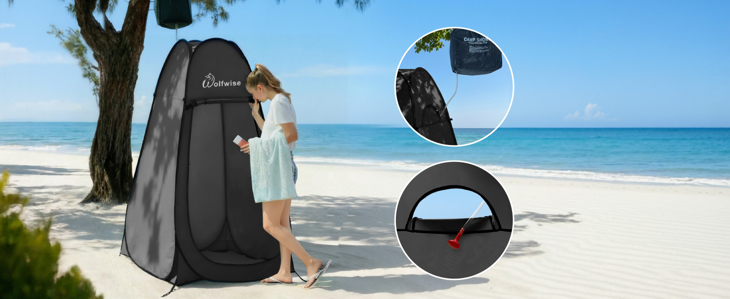 Складаний душовий та роздягальний намет WolfWise для кемпінгу та пляжу, водонепроникний з UV-захистом, 190x100 см, чорний