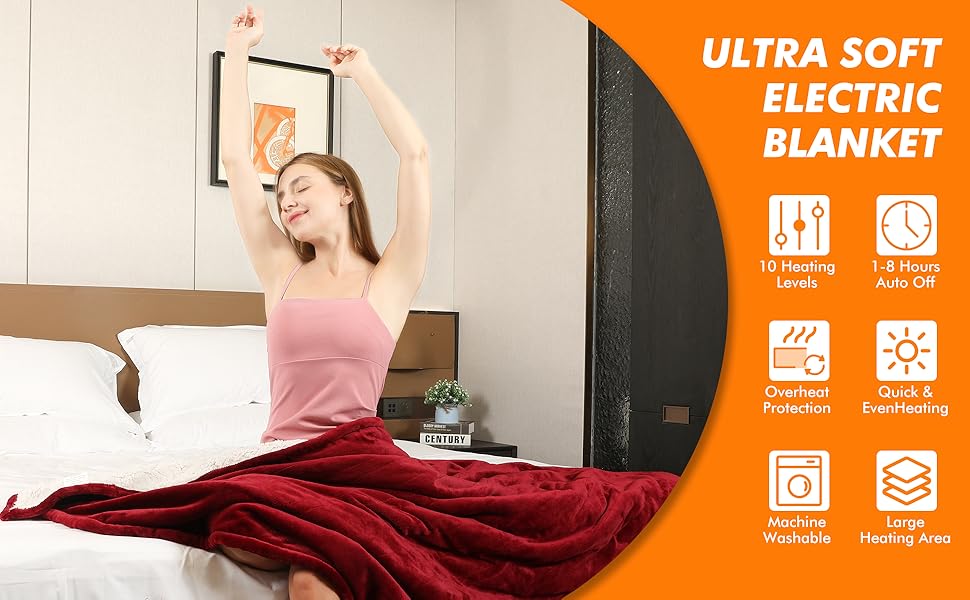 Електрична гріюча ковдра з автовимкненням, 130x180 см, 10 режимів нагріву, таймер 8 годин, захист від перегріву, фланель, машинне прання, для дому та офісу, червона, 130 x 180 см