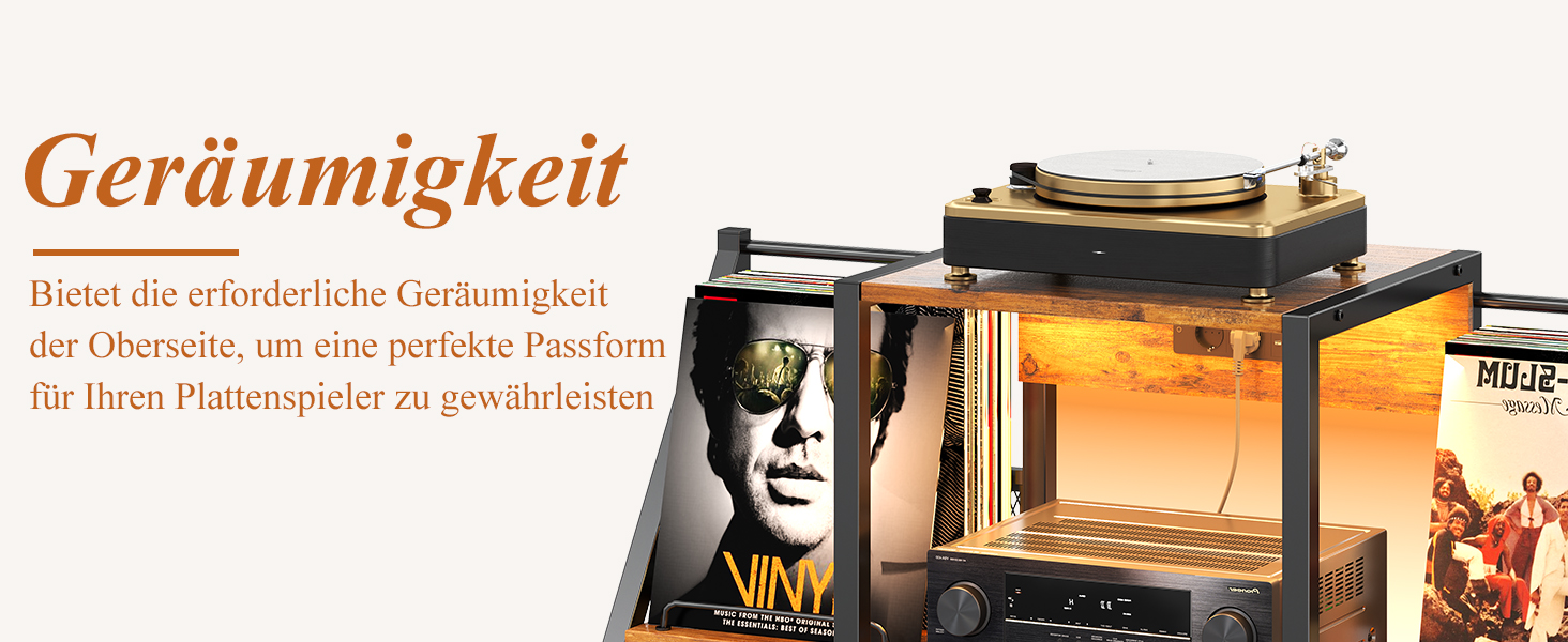 Підставка для програвача вінтаж велика з розеткою та LED-підсвіткою, тримач для платів, полиця для вінілу на 300 альбомів, для вітальні, спальні