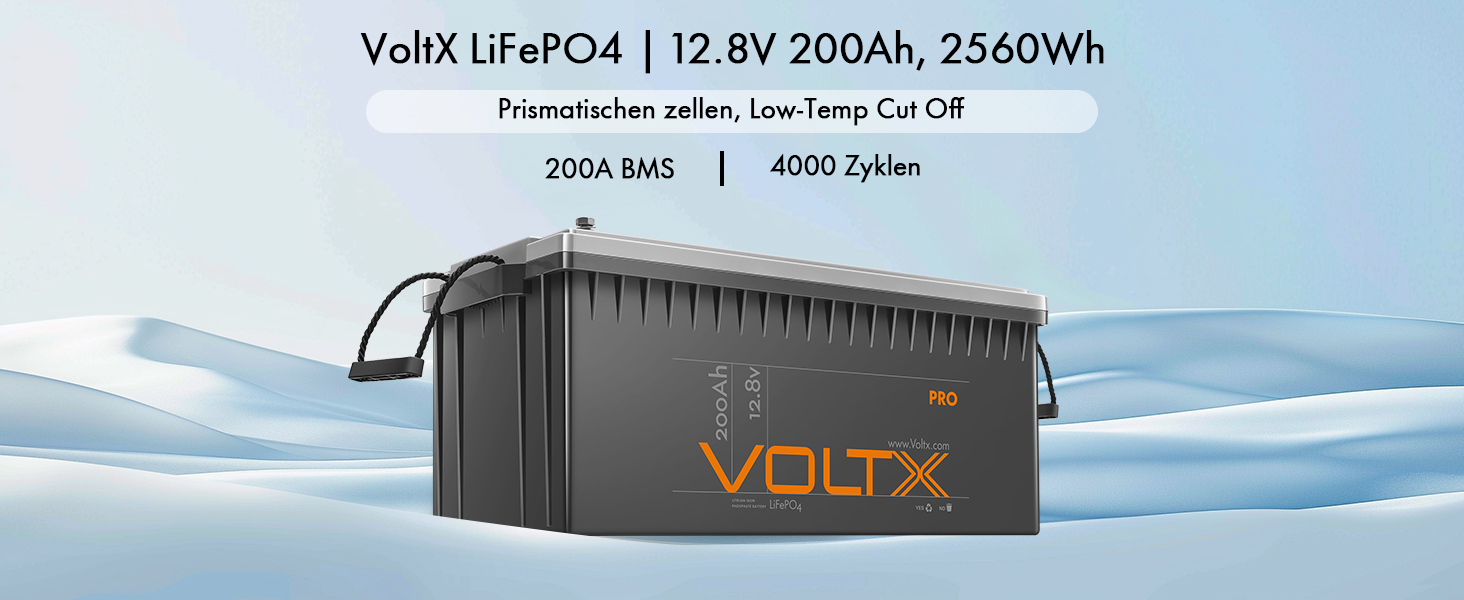 Акумулятор VoltX LiFePO4 12,8 В 200 Ач з 200 А BMS, 2560 Втгод, 3000-15000 циклів, макс. 36 батарей, ідеально підходить для автофургонів і сонячних батарей