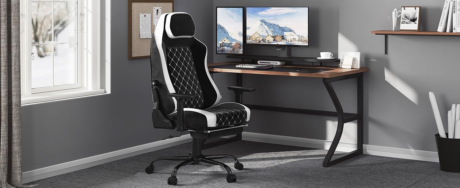 Ігровий крісло WOLTU, ергономічний офісний стілець з інтегрованим м'яким наповнювачем, адаптивною підтримкою попереку, підставкою для ніг та регульованими підлокітниками, металевий каркас