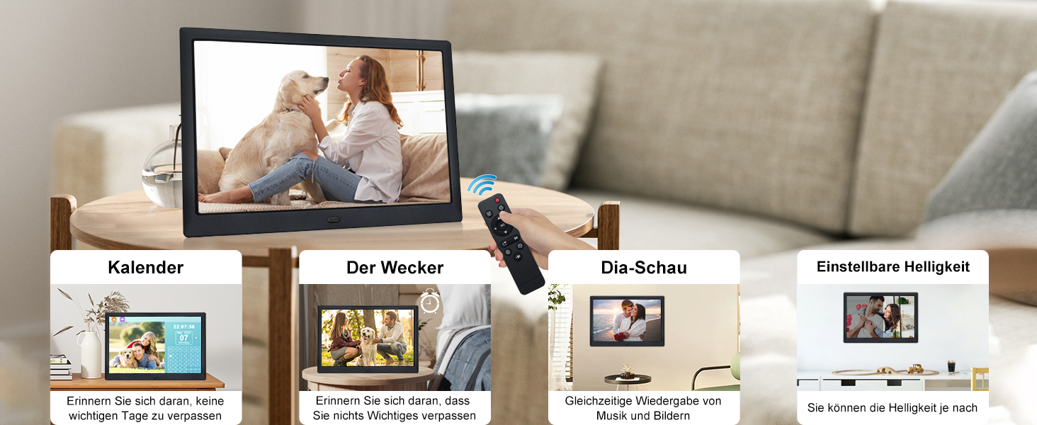 Цифровий фоторамка TSITSC 8.7 дюйма, IPS-дисплей 1024*768, календар, музика, фото- та відеоплеєр, підтримка USB/SD, з пультом ДУ (Чорний)