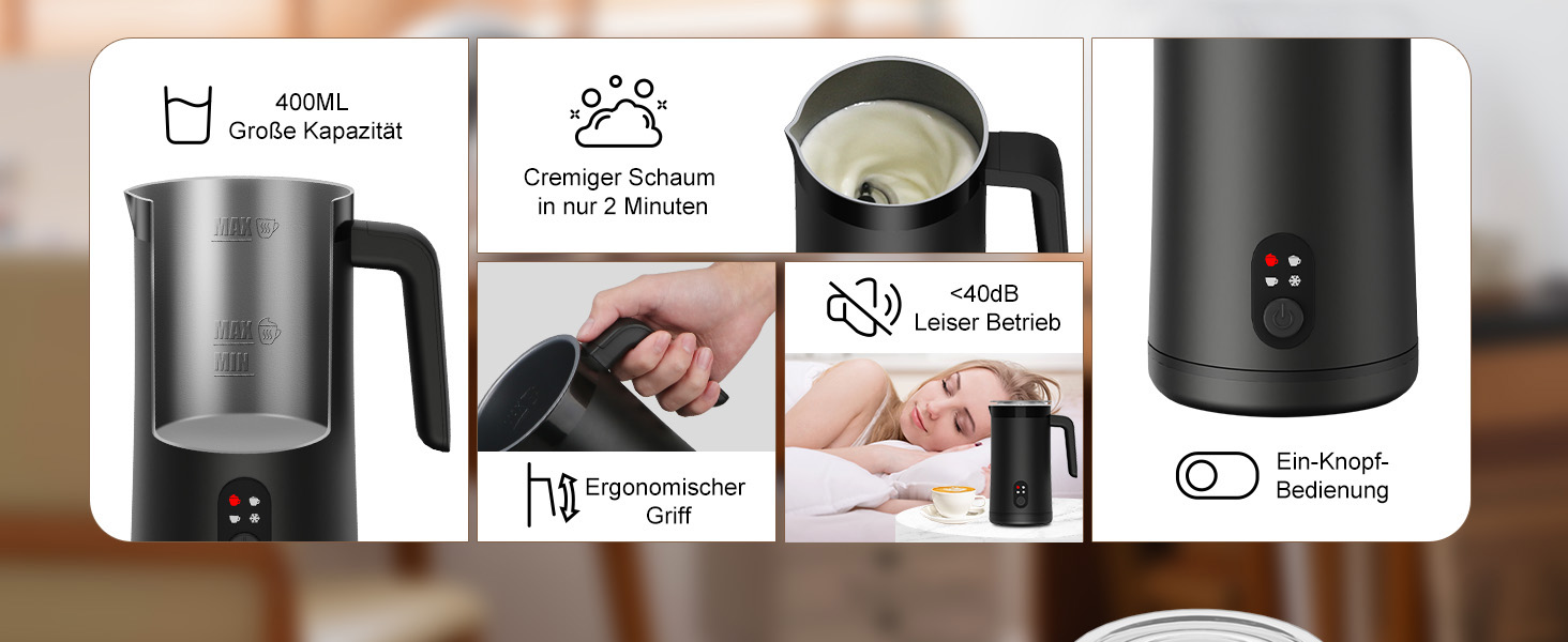 Електричний спінювач молока 400 мл 4-в-1 для гарячого та холодного молока, автоматичне вимкнення, для капучіно, лате макіато (чорний)