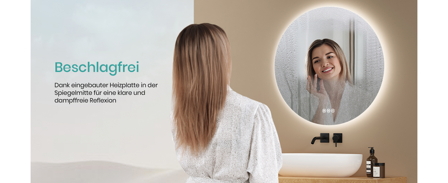 Дзеркало для ванної кімнати EMKE з підсвічуванням, 50 см, кругле, без рами, з регулюванням яскравості, 3 кольори світла, антизапар, сенсорне управління, функція пам'яті, 60x60 см