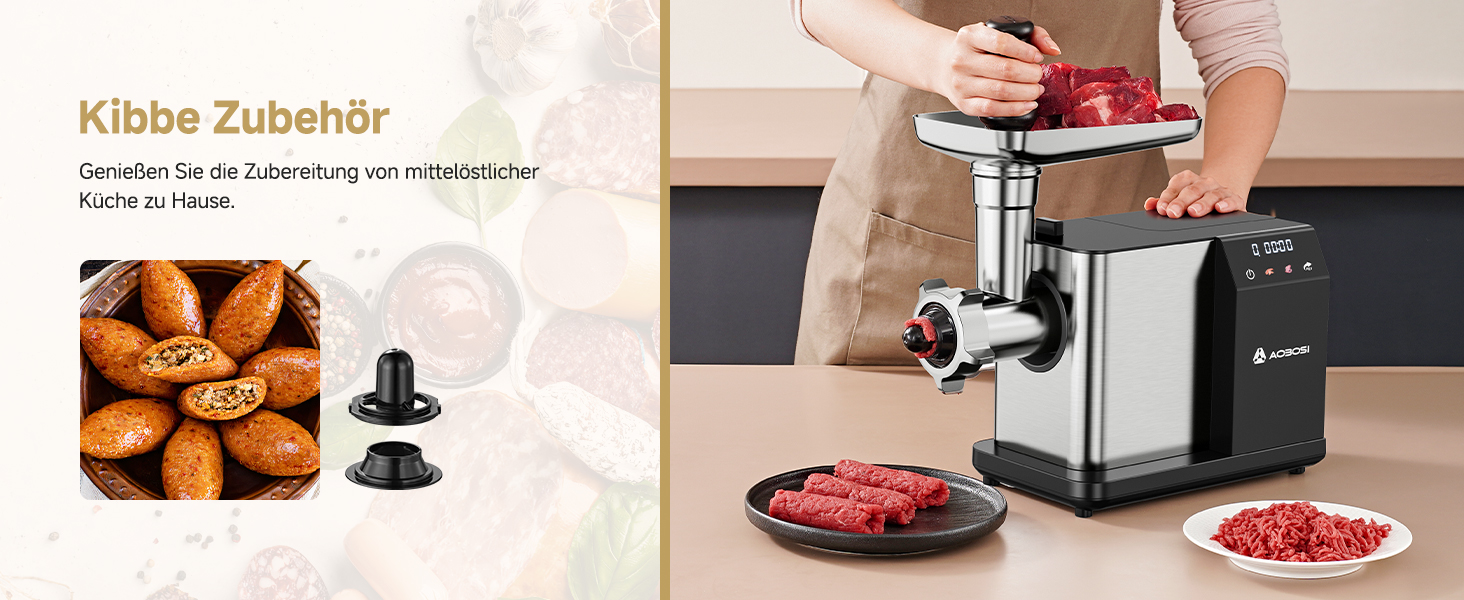Електрична м'ясоподрібнювач AAOBOSI 3000W з LED-дисплеєм, 9 швидкостей, з нержавіючої сталі, для дому, з насадкою для ковбас та кіббе