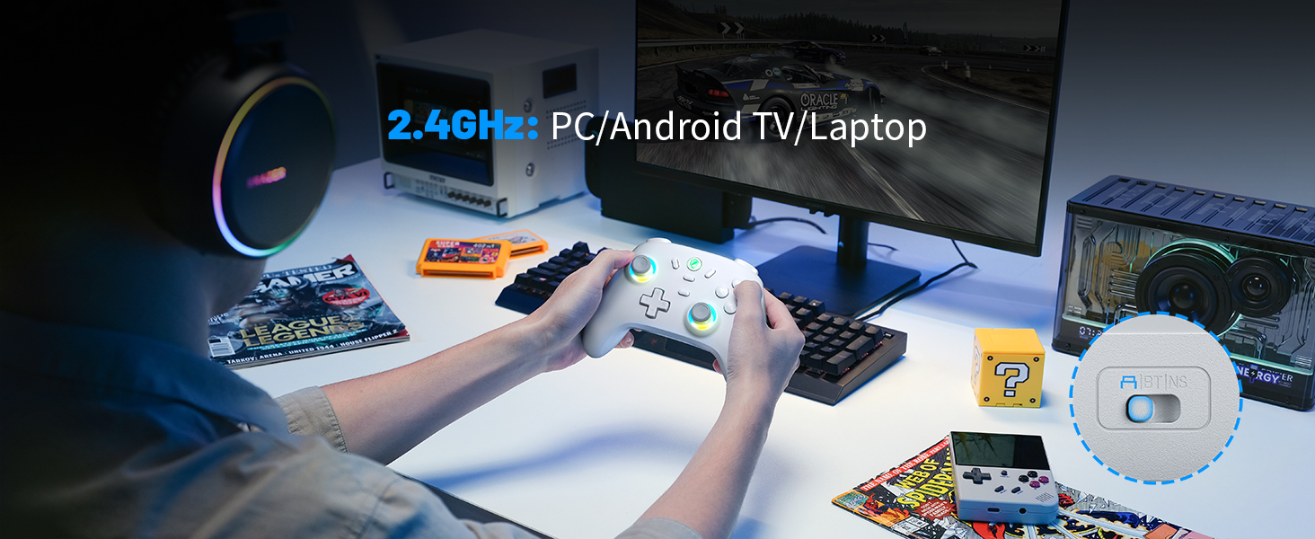 Бездротовий ігровий контролер ECHTPower для PC, Switch, Steam Deck, Android, iOS — RGB підсвічування, Hall-джойстики, вібрація, Turbo, акумулятор 800mAh (Білий)