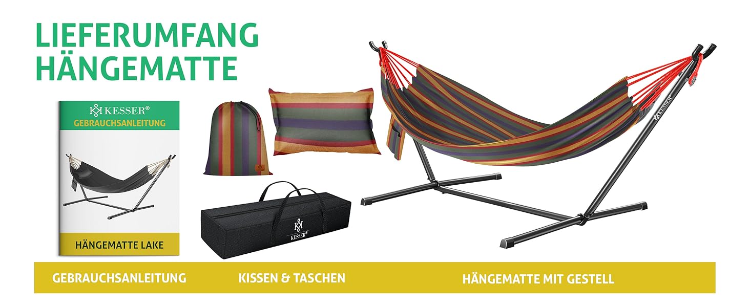 Гамак KESSER® Lake з каркасом для 2 осіб, 200 кг, для дому та саду, XXL гамак-крісло, балкон, тераса, з подушкою, кольоровий