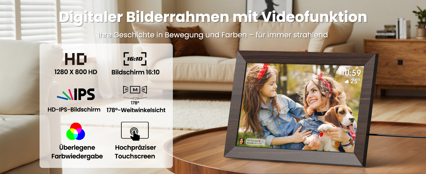 Frameo Цифровий фоторамка WiFi, 10.1 дюйма, HD IPS сенсорний екран, 32 ГБ пам'яті, автоматичне обертання, хмарна підтримка, віддалене завантаження фото та відео