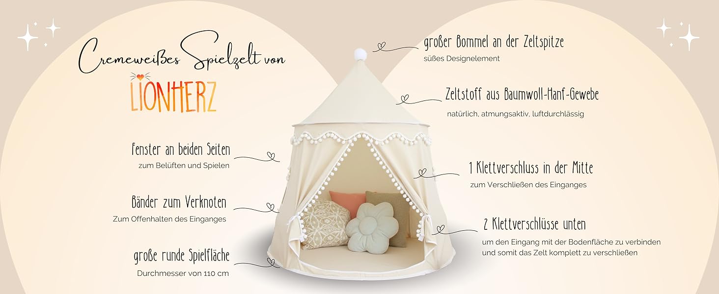 Дитячий намет LIONHERZ® DAS ORIGINAL: принцесин замок з бавовни та льону | з фібергласовими штангами та сумкою для перенесення | стабільний намет-тіпі для дівчаток (без аксесуарів)